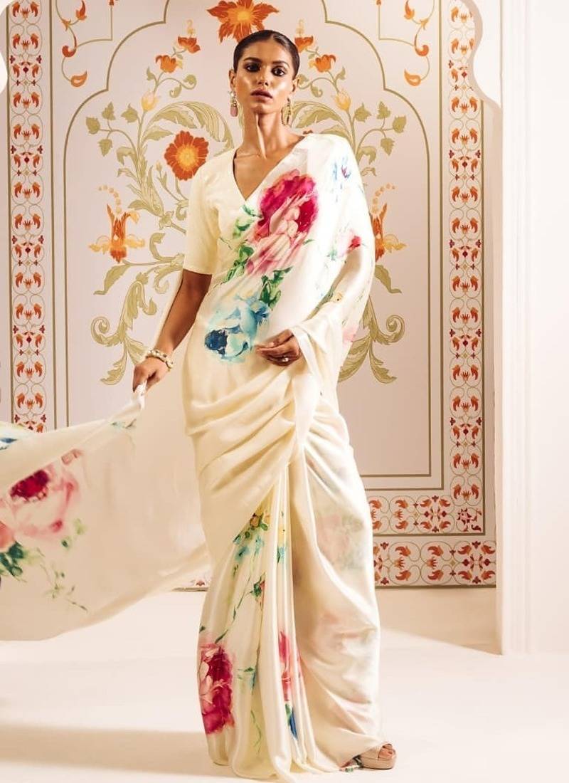 White printed satin saree with blouse piece