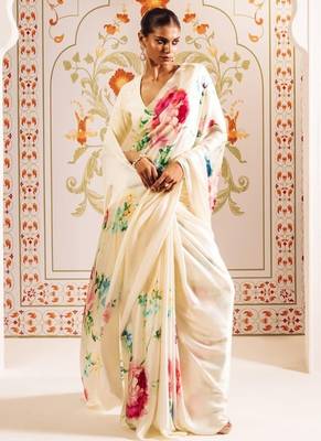 White printed satin saree with blouse piece 3