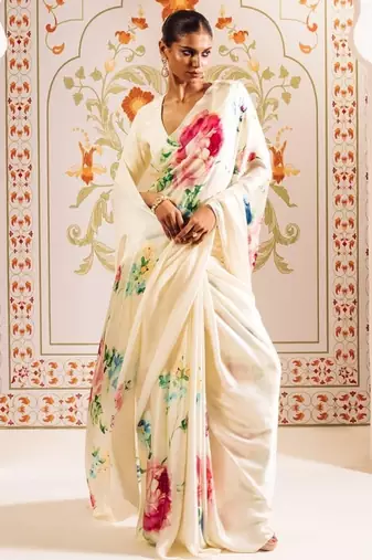 White printed satin saree with blouse piece