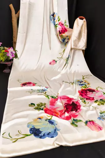 White printed satin saree with blouse piece