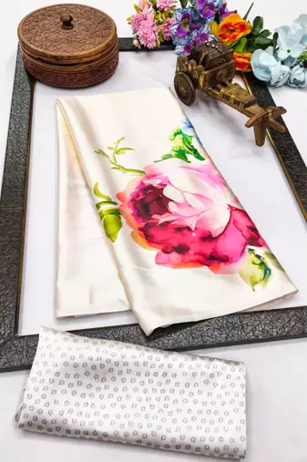 White printed satin saree with blouse piece
