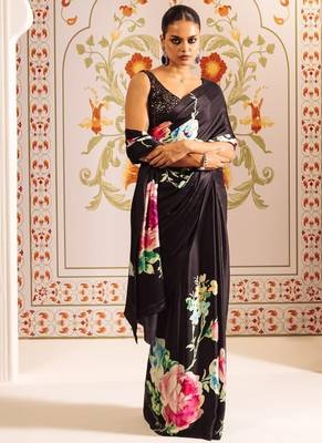 Black printed satin saree with blouse piece 1