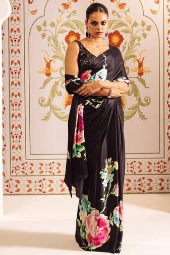 Black printed satin saree with blouse piece