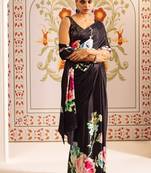 Black printed satin saree with blouse piece