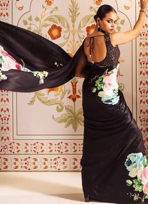 Black printed satin saree with blouse piece 2