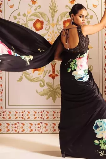 Black printed satin saree with blouse piece