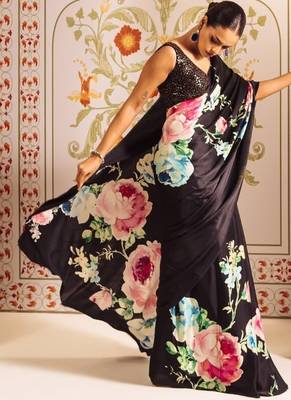Black printed satin saree with blouse piece 3