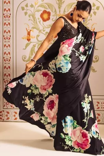 Black printed satin saree with blouse piece