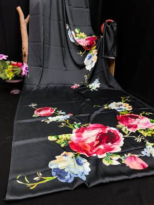 Black printed satin saree with blouse piece 4