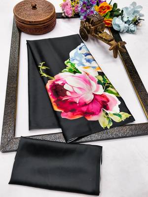 Black printed satin saree with blouse piece 5