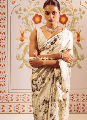 White printed satin saree with blouse piece 2