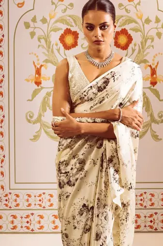 White printed satin saree with blouse piece