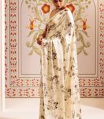 White printed satin saree with blouse piece