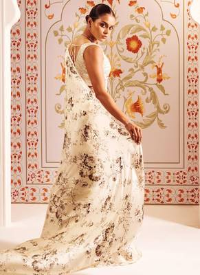 White printed satin saree with blouse piece 3