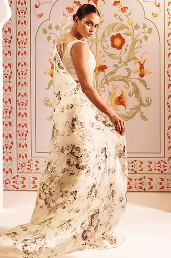 White printed satin saree with blouse piece