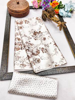 White printed satin saree with blouse piece 5