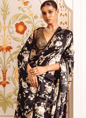 Black printed satin saree with blouse piece 2