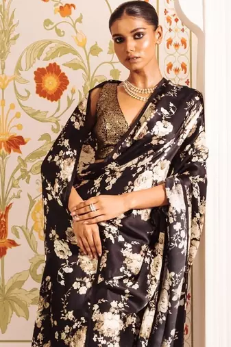 Black printed satin saree with blouse piece