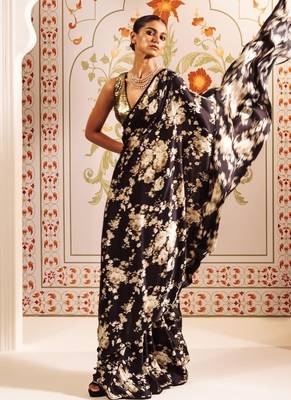 Black printed satin saree with blouse piece 1