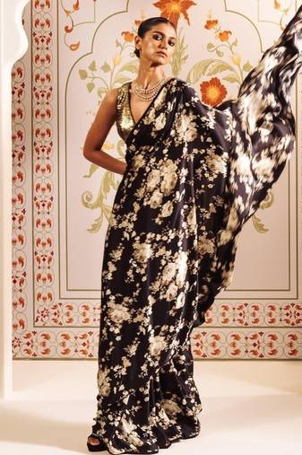 Black printed satin saree with blouse piece