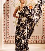 Black printed satin saree with blouse piece