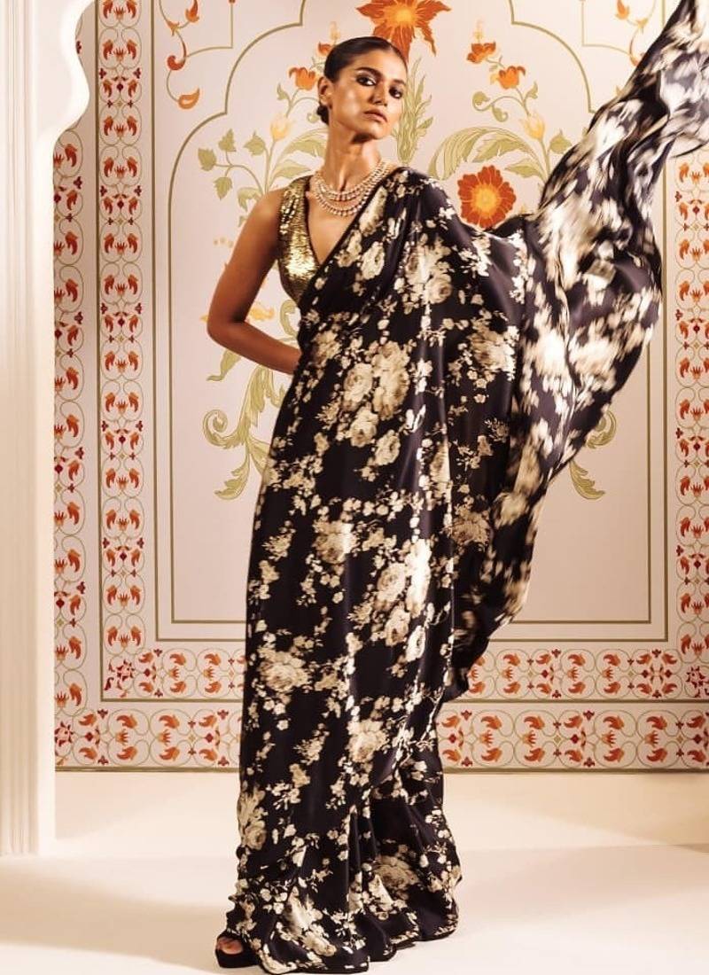 Black printed satin saree with blouse piece