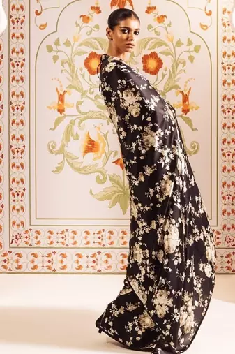 Black printed satin saree with blouse piece