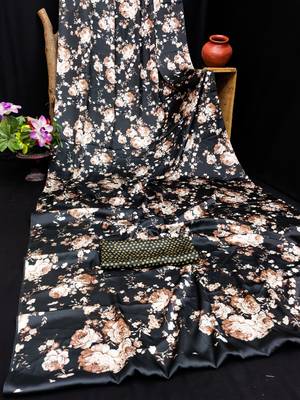 Black printed satin saree with blouse piece 4