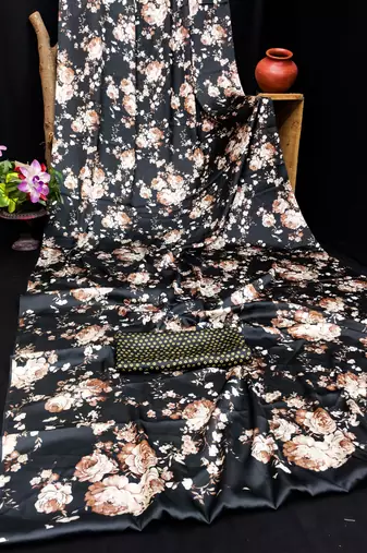 Black printed satin saree with blouse piece