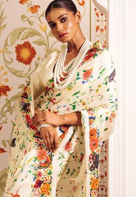 White printed satin saree with blouse piece 1