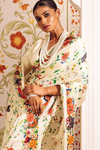 White printed satin saree with blouse piece