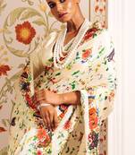 White printed satin saree with blouse piece