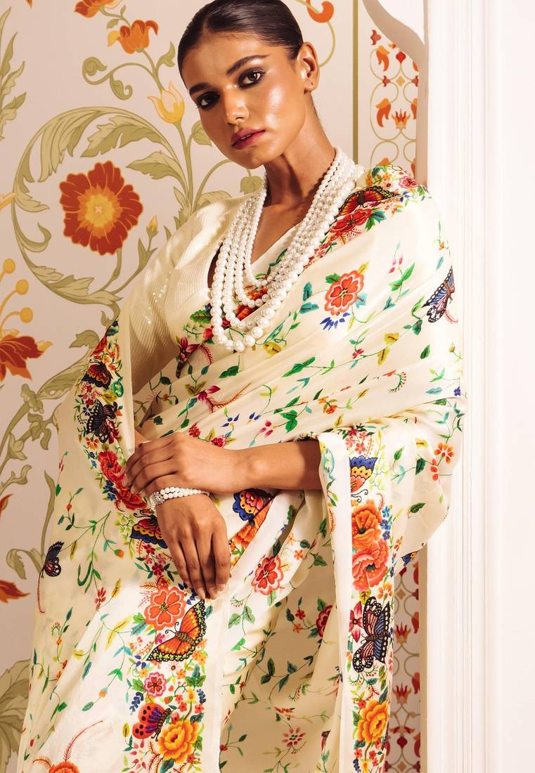 White printed satin saree with blouse piece