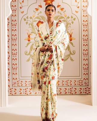 White printed satin saree with blouse piece 2