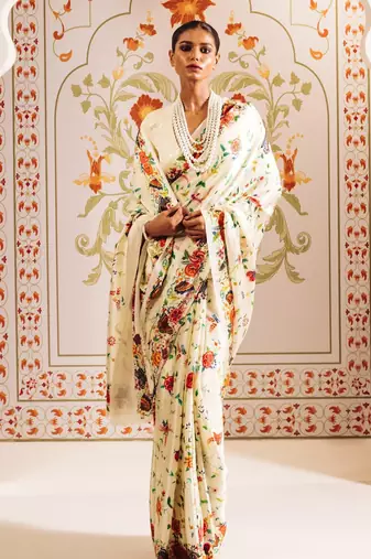 White printed satin saree with blouse piece