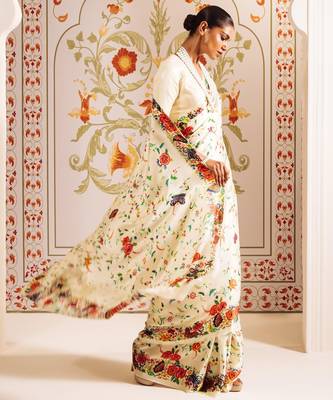 White printed satin saree with blouse piece 3
