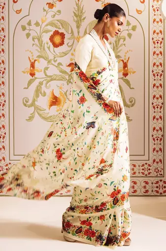 White printed satin saree with blouse piece