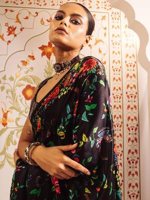 Black printed satin saree with blouse piece 2