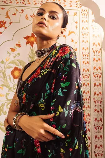 Black printed satin saree with blouse piece