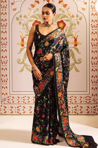 Black printed satin saree with blouse piece
