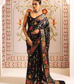 Black printed satin saree with blouse piece