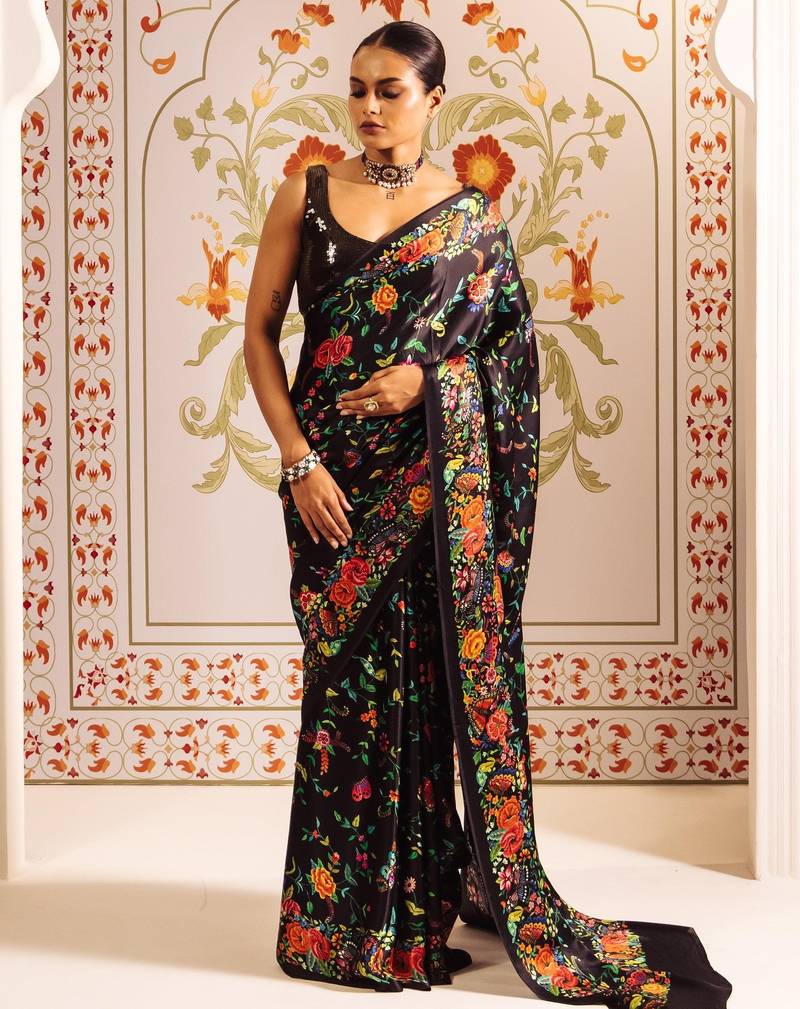Black printed satin saree with blouse piece