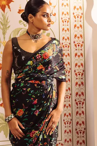 Black printed satin saree with blouse piece