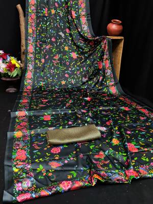 Black printed satin saree with blouse piece 4