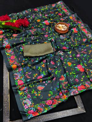 Black printed satin saree with blouse piece 5