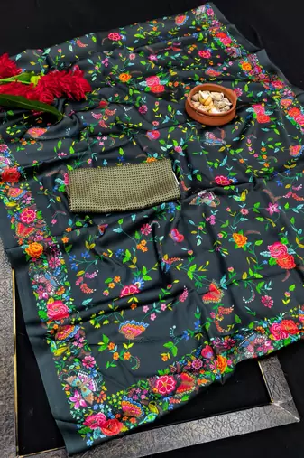 Black printed satin saree with blouse piece
