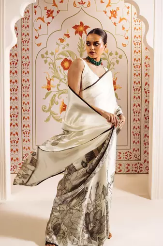 White printed satin saree with blouse piece