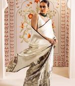White printed satin saree with blouse piece