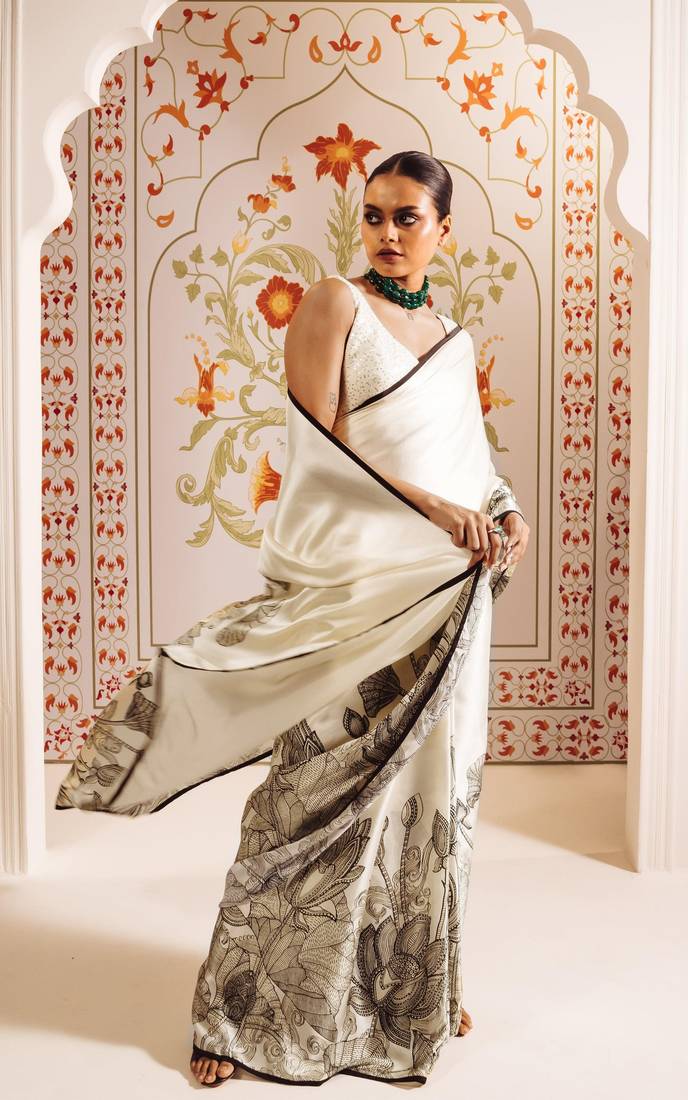 White printed satin saree with blouse piece