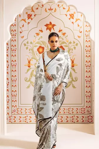 White printed satin saree with blouse piece